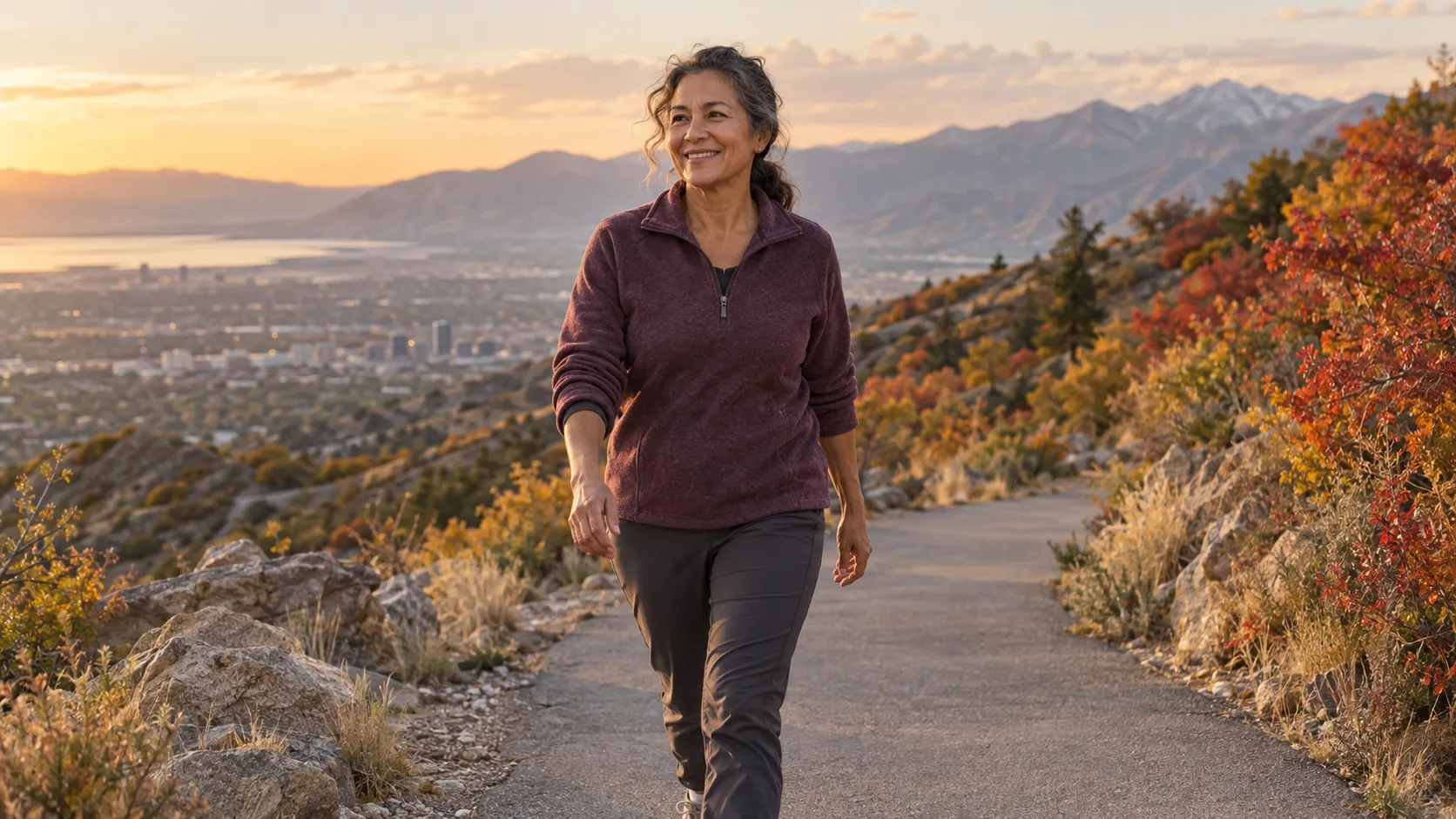 A woman in her 50s walking a foothill trail above Salt Lake City in the fall